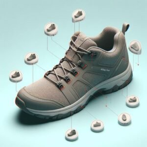 3D-rendered hiking shoe with floating labels pointing to key parts (toe cap, lacing system, ankle collar), isometric perspective, minimalist design