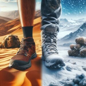 Split-screen image: Left shows breathable mesh trail runner hiking shoes in desert heat, right shows waterproof boots in snowy mountains, contrasting environments