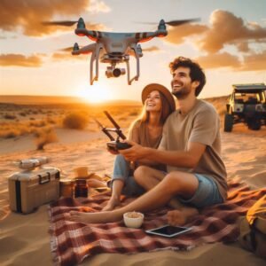 A happy young couple camping in a desert, launching Holy Stone HS720R drones from their picnic blanket. Warm sunset tones, affordable gear aesthetic.