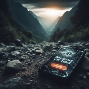An iPhone abandoned on a rocky trail with a cracked screen, 'Emergency iPhone SOS Mode Failed' notification visible. Dark, desaturated tone, ominous vibe.