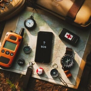 Top-down view of essential outdoor safety gear: iPhone SOS mode, PLB (Personal Locator Beacon), first aid kit, map, and compass. Warm outdoor aesthetic, soft shadows.