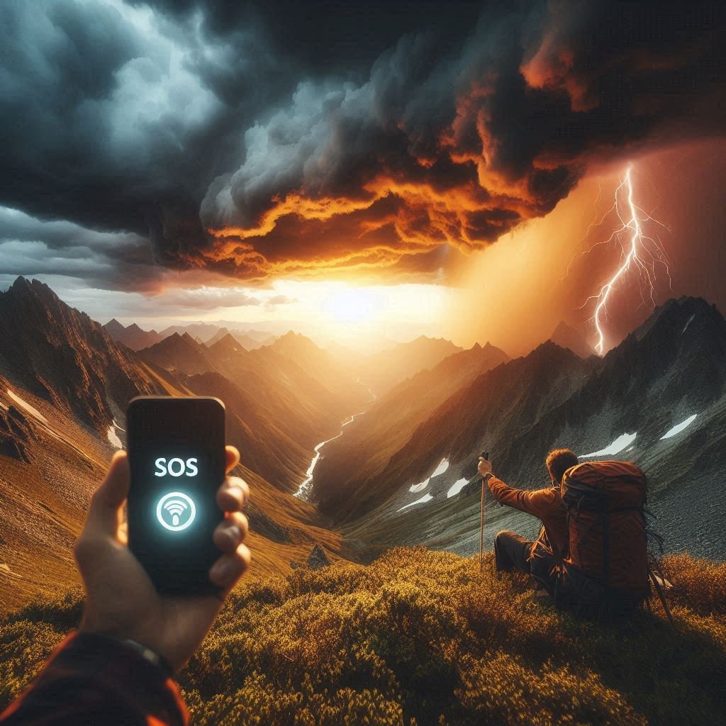 A lone hiker in a rugged mountain wilderness at sunset, desperately holding a smartphone with iPhone SOS mode only displayed, while a storm approaches. Cinematic lighting, hyper-realistic, National Geographic style.