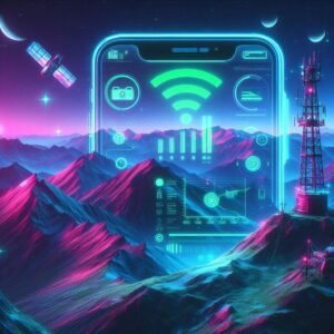 A neon holographic interface floating above a mountain ridge, showing iPhone SOS mode bars fading out while a satellite beacon stays strong. Cyberpunk-meets-nature aesthetic.