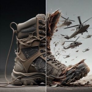 Split-screen image: left shows civilian hiking boot torn apart, right shows identical scenario with Danner Tanicus military boot intact, 4K comparison