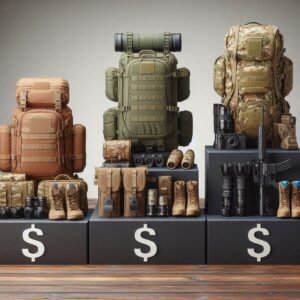 Three tiers of outdoor equipment arranged by price point, budget to premium military-grade outdoor tech
gear, professional product comparison layout, clean background, organized display showing value progression