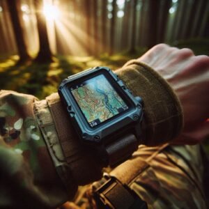 Rugged military GPS wrist-mounted device displaying topographic map, worn on camouflage sleeve in forest environment, morning light filtering through trees, detailed close-up shot, professional outdoor photography, realistic textures of military-grade outdoor tech.