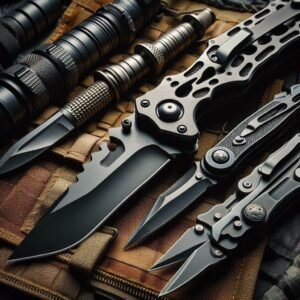 High-quality tactical knives and multi-tools arranged on tactical mat, professional knife photography with dramatic side lighting, carbon steel blades with detailed textures, military-spec construction visible, studio quality
