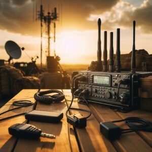 Professional tactical radio equipment on wooden table, military-grade outdoor tech antennas and satellite communication device, outdoor field testing setup, golden hour lighting, equipment arranged for technical review, photorealistic style
