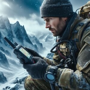 Professional field tester using military GPS device in harsh mountain terrain, snow-covered peaks in background, extreme weather conditions, action photography style, realistic outdoor adventure scenario, dramatic natural lighting