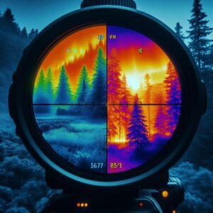 Thermal imaging scope view showing heat signatures in complete darkness, split-screen showing normal vision vs thermal vision of forest landscape, high-tech military optics, professional product demonstration, cinematic quality