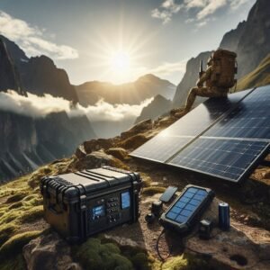 Solar panels and portable power stations in rugged outdoor environment, military-grade batteries and charging equipment, mountain backdrop, professional field testing scenario, clean product photography with natural lighting