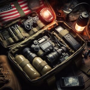 Open bug-out bag revealing military survival tech inside: night vision, water filter, and tactical radio, post-apocalyptic lighting