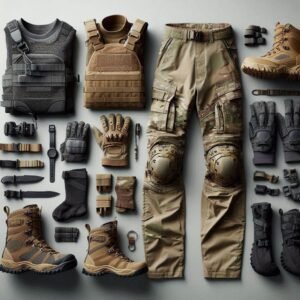 Tactical outdoor clothing and protective gear laid out systematically, military-spec pants and gaiters, professional flat-lay photography, neutral background, detailed fabric textures visible, high-end product photography
