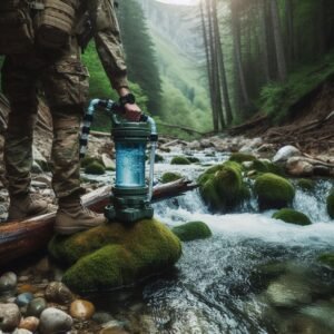 Military water purification system filtering stream water in wilderness setting, portable filtration device in action, crystal clear water flowing, outdoor survival scenario, professional documentary photography style