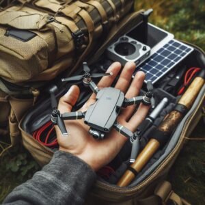 A DJI Mini 4 Pro folded inside a hiker’s hand beside an open backpack with gear (solar charger, trekking poles). Macro focus on drones.