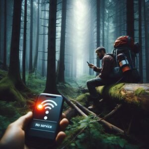A backpacker with a broken leg in a dense forest, iPhone in hand with 'No Service,' while a rescue beacon pulses nearby. Moody, high-contrast lighting, adventure magazine style.