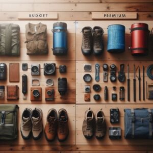 Side-by-side outdoor camping gear comparison layout, budget items on left, premium gear on right, clean organized display on wooden surface, natural lighting, gear review magazine style photography