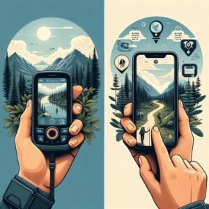 Side-by-side split image: left shows a handheld GPS satellite messenger device in the wilderness, right shows a smartphone with a hiking app. Clean, informative infographic style.