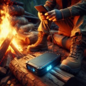 A rugged outdoor camping gear scene with a camper plugging a phone into a heavy-duty power bank beside a campfire. Warm firelight contrast with cool blue tech accents, hyper-detailed.