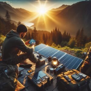 A tech-savvy adventurer setting up a high-tech camping site at golden hour, with solar panels, GPS devices, and modern gear spread out, mountain wilderness background, cinematic lighting, photorealistic style, outdoor magazine quality