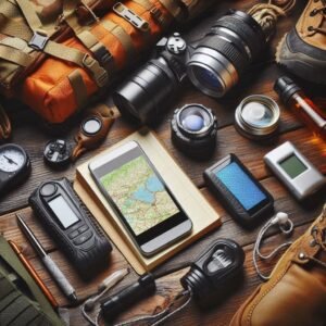 Top-rated outdoor camping gear: GPS, headlamp, and water purifier laid out on wood table for outdoor tech lab test and review.