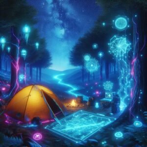 A neon-lit camping scene where high-tech gear (glowing tent, holographic map, floating lanterns) blends with a starry forest sky. Cyberpunk wilderness vibe, digital art style with outdoor camping gear.