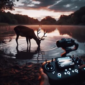 Autel EVO Lite+ drone filming a wildlife scene at dusk: a deer drinking from a lake, reflected in the water. Moody, high-ISO clarity, no noise.
