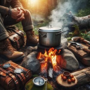 Campfire cooking scene with outdoor cooking gear, pot on portable stove, wilderness meal preparation, camping lifestyle