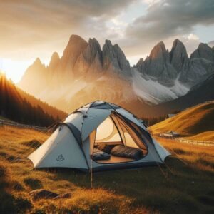 Modern lightweight tent setup in alpine meadow, mountain backdrop, golden hour lighting, premium outdoor  gear that is eco-friendly