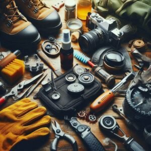 Outdoor gear maintenance scene, cleaning and caring for equipment, gear longevity concept, organized workspace