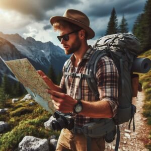 Hiker consulting map while wearing full day hiking gear, trail setting, navigation in action, problem-solving outdoor gear