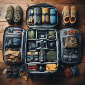 Backpack with all compartments open showing organized gear storage, outdoor equipment organization, top-down photography