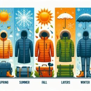 Four seasons outdoor gear comparison, spring rain gear, summer sun protection, fall layers, winter insulation, seasonal preparation concept