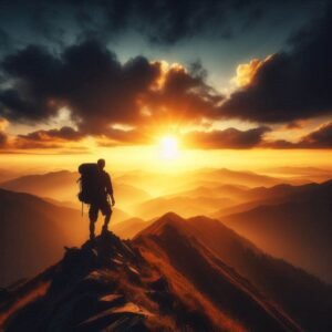Silhouette of hiker with full backpack standing on mountain ridge at sunrise, dramatic sky, adventure and exploration theme, inspirational outdoor gear photography