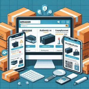 Shopping comparison layout for rapid radios: computer screen showing Amazon page, smartphone with direct manufacturer website, packages with authentic vs counterfeit comparison, clean e-commerce styling
