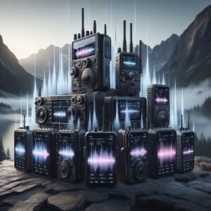 Multiple Rapid Radios arranged in professional product showcase, crystal clear audio waves visualization, rugged outdoor background with mountains, professional lighting, premium product photography