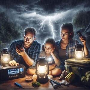 Family using rapid radios during power outage, emergency kit setup, storm clouds in background, flashlight illumination, sense of preparedness and security, realistic emergency scenario