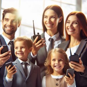 Happy family and business professionals using Rapid Radios in split scene, success and satisfaction imagery, bright and optimistic lighting, diverse usage scenarios combined