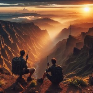 Hikers on mountain trail using radios to communicate across vast canyon, dramatic landscape, golden hour lighting, adventure photography style, sense of freedom and exploration