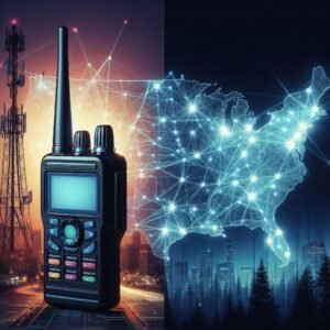 Split-screen comparison showing traditional walkie-talkie vs modern LTE rapid radios, cellular tower network overlay, glowing connection lines across US map, futuristic communication concept, clean minimalist design