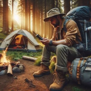 Backpacker checking satellite phone while camping, tent and campfire in background, forest setting, golden hour lighting, outdoor adventure photography