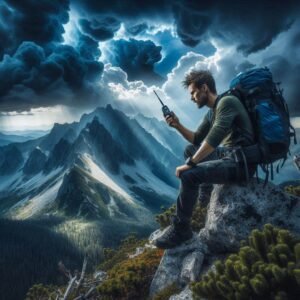 "Hiker in distress using satellite phone on rocky mountain peak, dramatic storm clouds, emergency rescue scenario, realistic outdoor photography, intense lighting