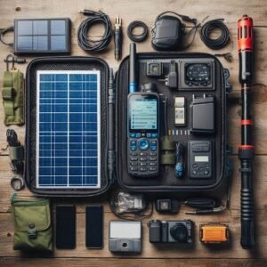 Satellite phone emergency kit laid out neatly, includes phone, solar charger, antenna, case, and accessories, organized flat lay, professional photography