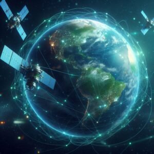 3D Earth globe with glowing satellite phone network lines connecting orbital satellites, blue and green color scheme, futuristic digital art style, space background with stars