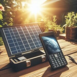 Satellite phone connected to portable solar panel in sunny outdoor setting, clean energy concept, bright natural lighting, eco-friendly technology theme