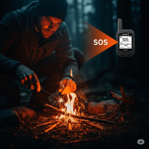 Survivalist starting a fire with a spark rod while a Garmin inReach pings SOS, dramatic lighting depicting weird outdoor tech use.