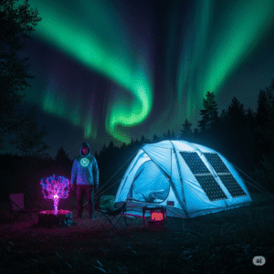 Futuristic campsite with solar hoodie, glowing tent, and plasma firestarter under Northern Lights, neon accents in dark wilderness.