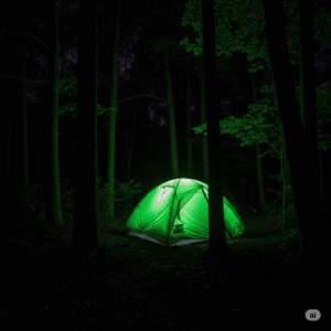 Glowing green tent in a pitch-black forest, eerie but inviting, long-exposure photo with weird outdoor tech feel.