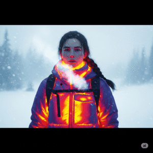 Adventurer in a snowstorm with steam rising from their heated jacket's glowing collar, thermal camera effect showing heat zones, cinematic winter lighting