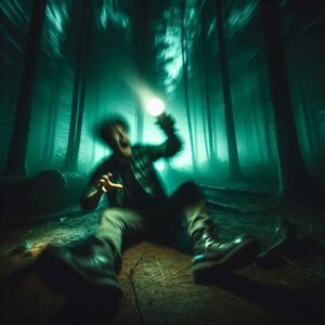 A camper shaking a flashlight violently in a dark forest, motion blur, eerie green glow, horror-movie aesthetic with weird outdoor tech vibes.